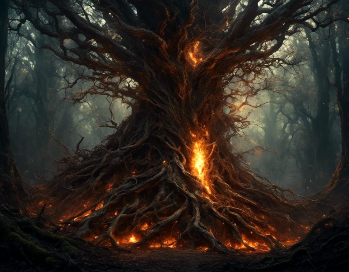 Fiery Tree Demon in Burning Forest Fantasy