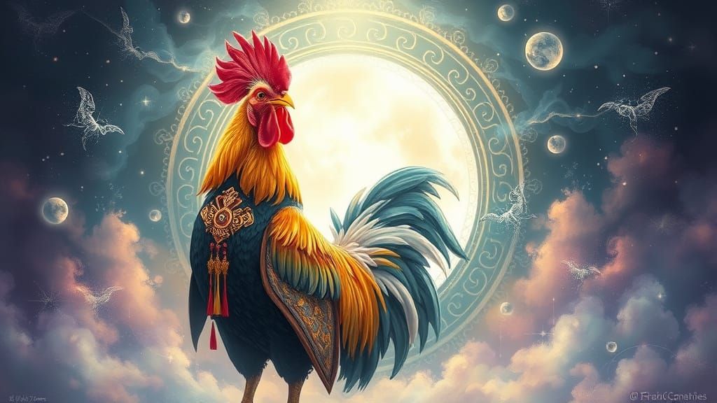 Ornate Rooster Guarding Dream Portal: Airbrush Art
