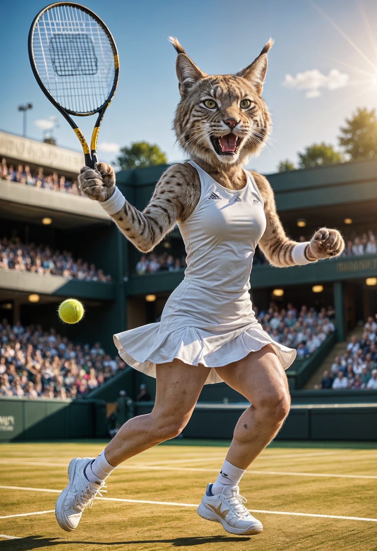 Lynx Mid-Leap Serve at Wimbledon in Hyperrealistic Style
