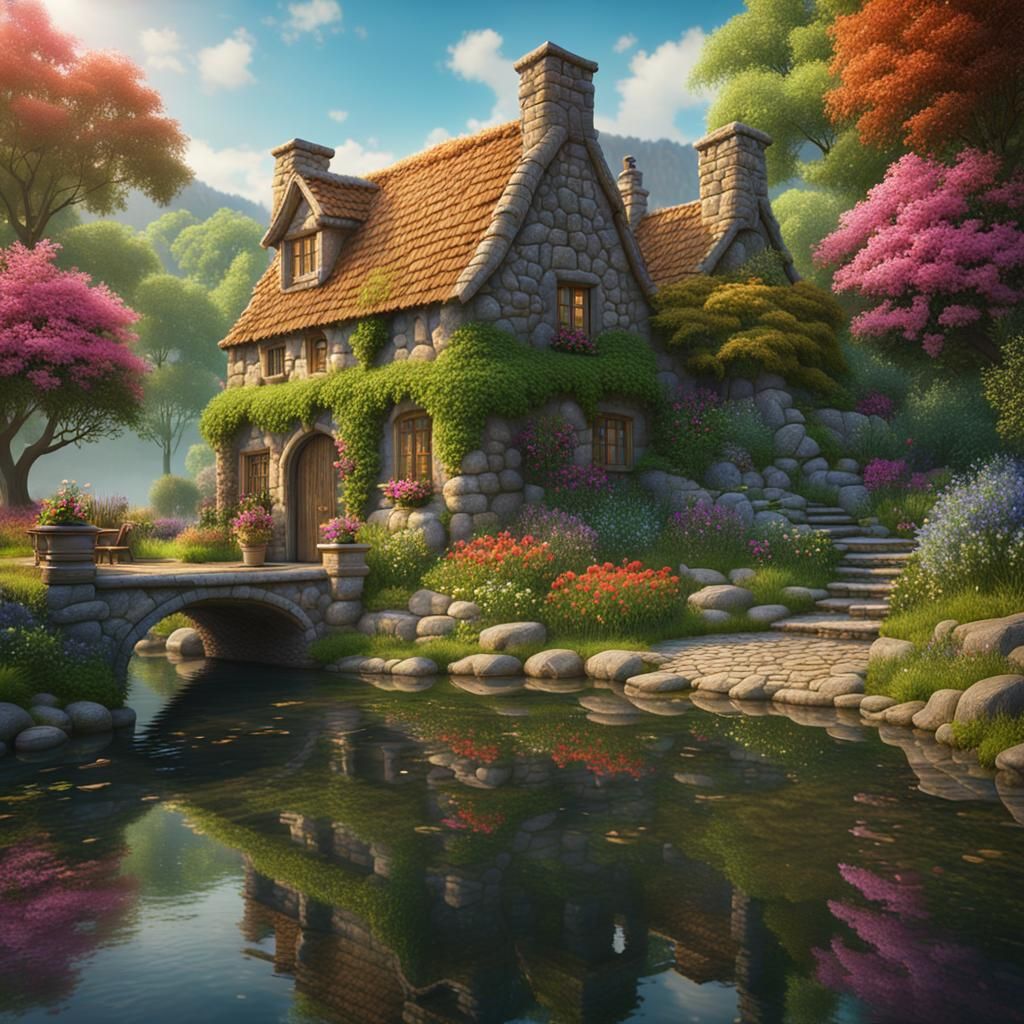 Stone Cottage by Lake: Fantasy Concept Art