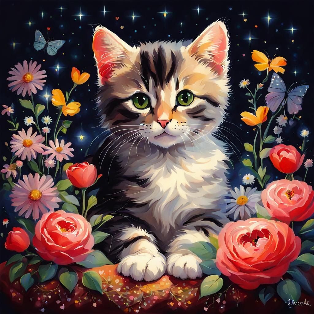 Whimsical Cat in Floral Sanctuary by Frantisek Dvorak