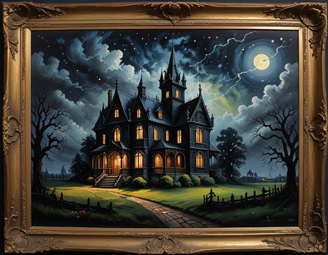 Gothic Mansion Under Lightning Sky Oil Painting