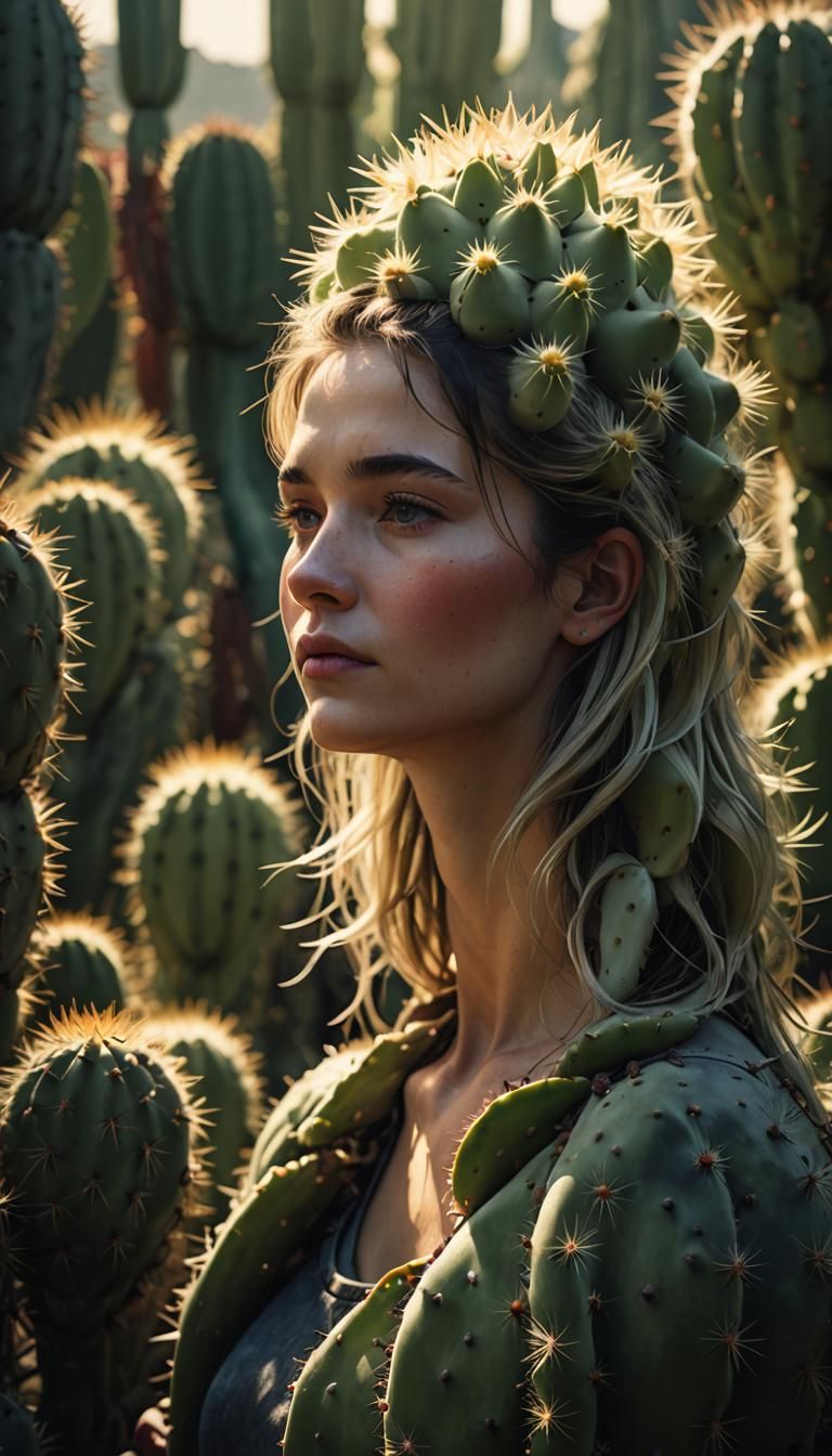 Dreamy Cactus Mother Portrait with Deep Lighting