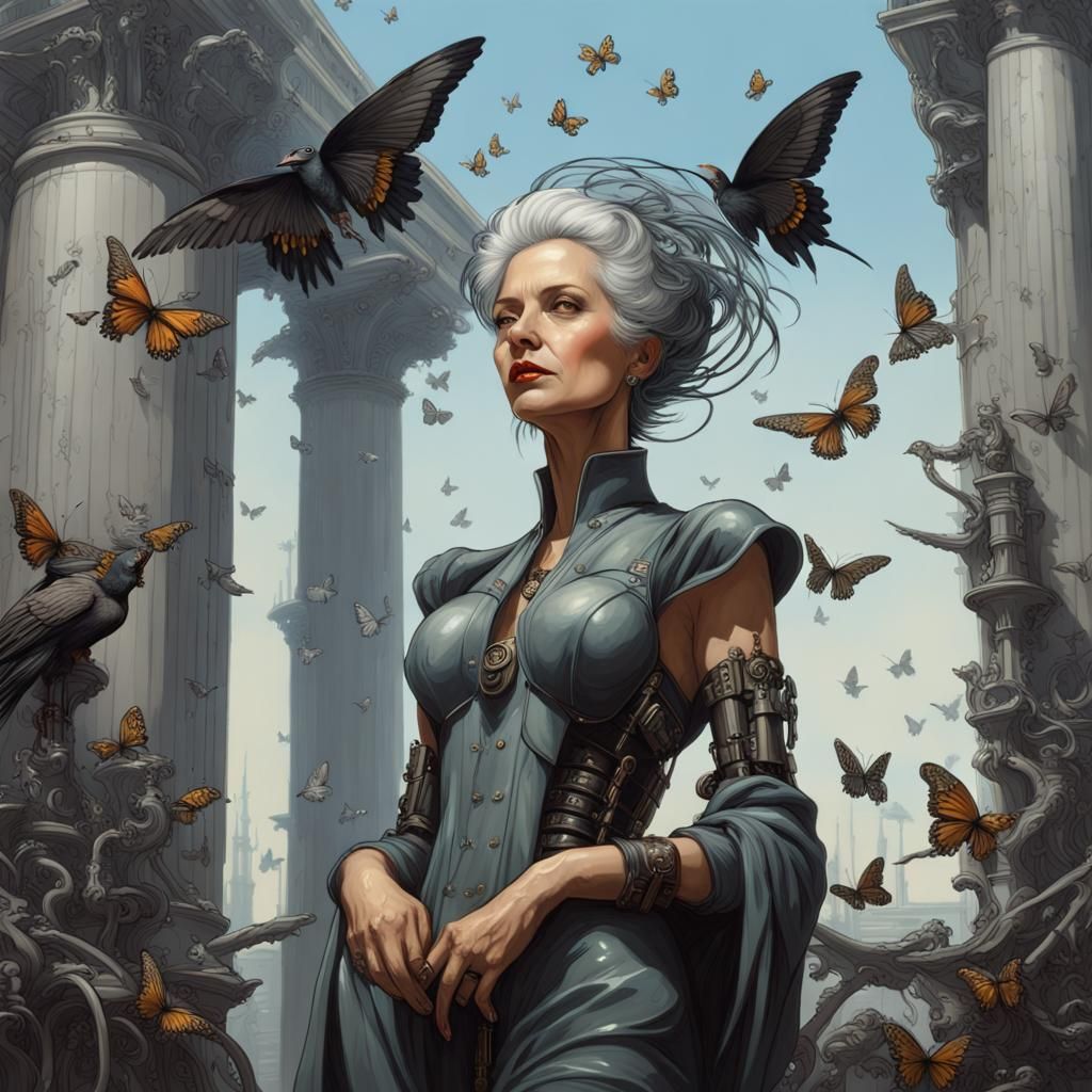 Gothic Cyberpunk Woman with Butterflies and Marble Statues