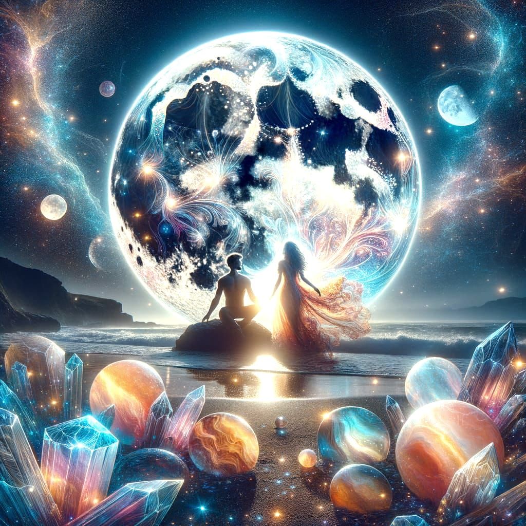 Mystical Moonlit Beach: Double Exposure Illustration