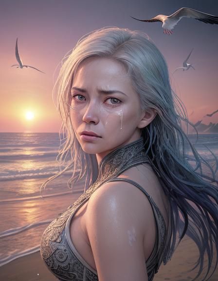 Woman Remembers Beach Sunset in Pen and Pencil Art