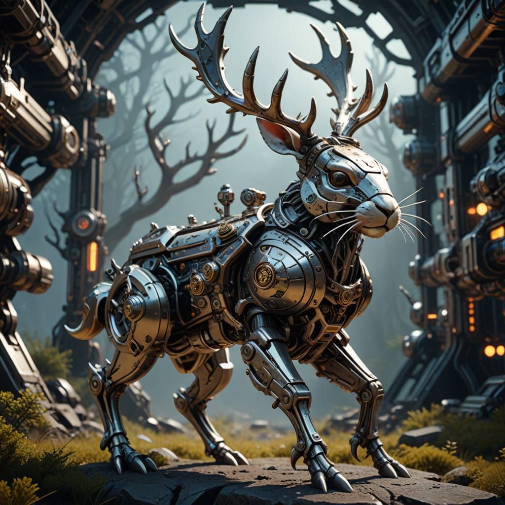 Cyberpunk Jackalope in Futuristic Landscape