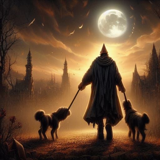 Grim Reaper Walks Skeletal Doberman in Moonlit Cemetery