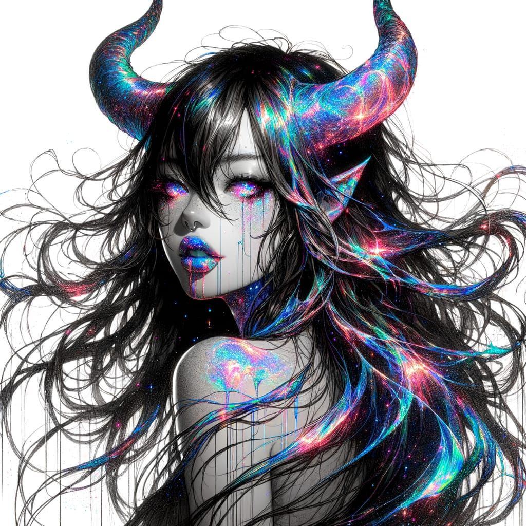 Holographic Demon Girl in Ink and Watercolor Style