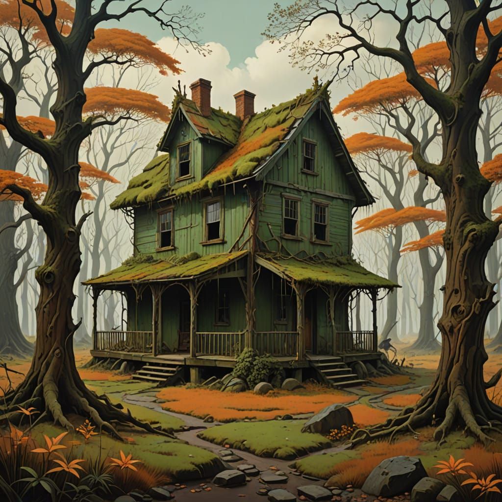 Surrealist Stone Cottage Emerges from Autumnal Forest Landsc...