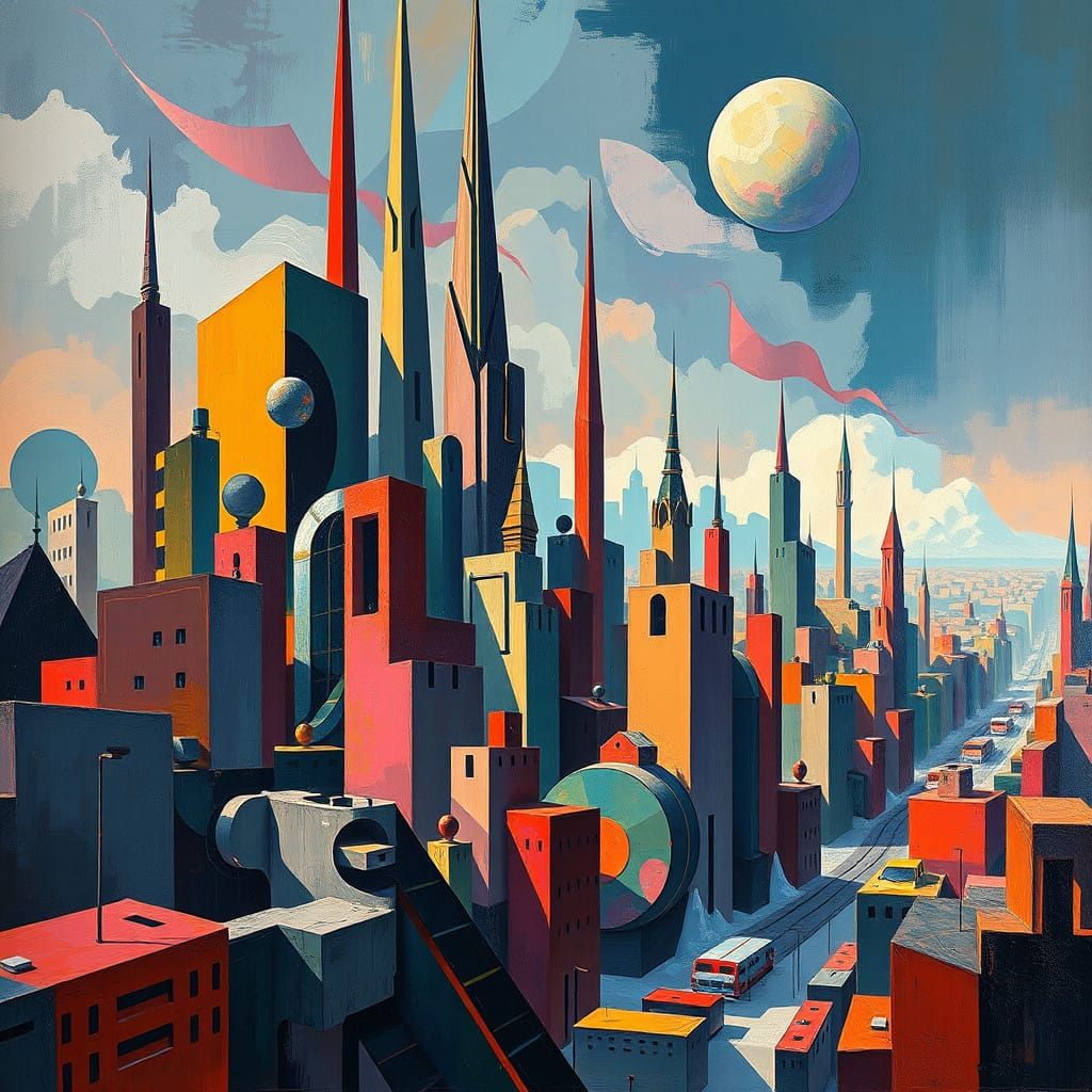 Surreal Cityscape in Abstract Cubism and Neo-Expressionism