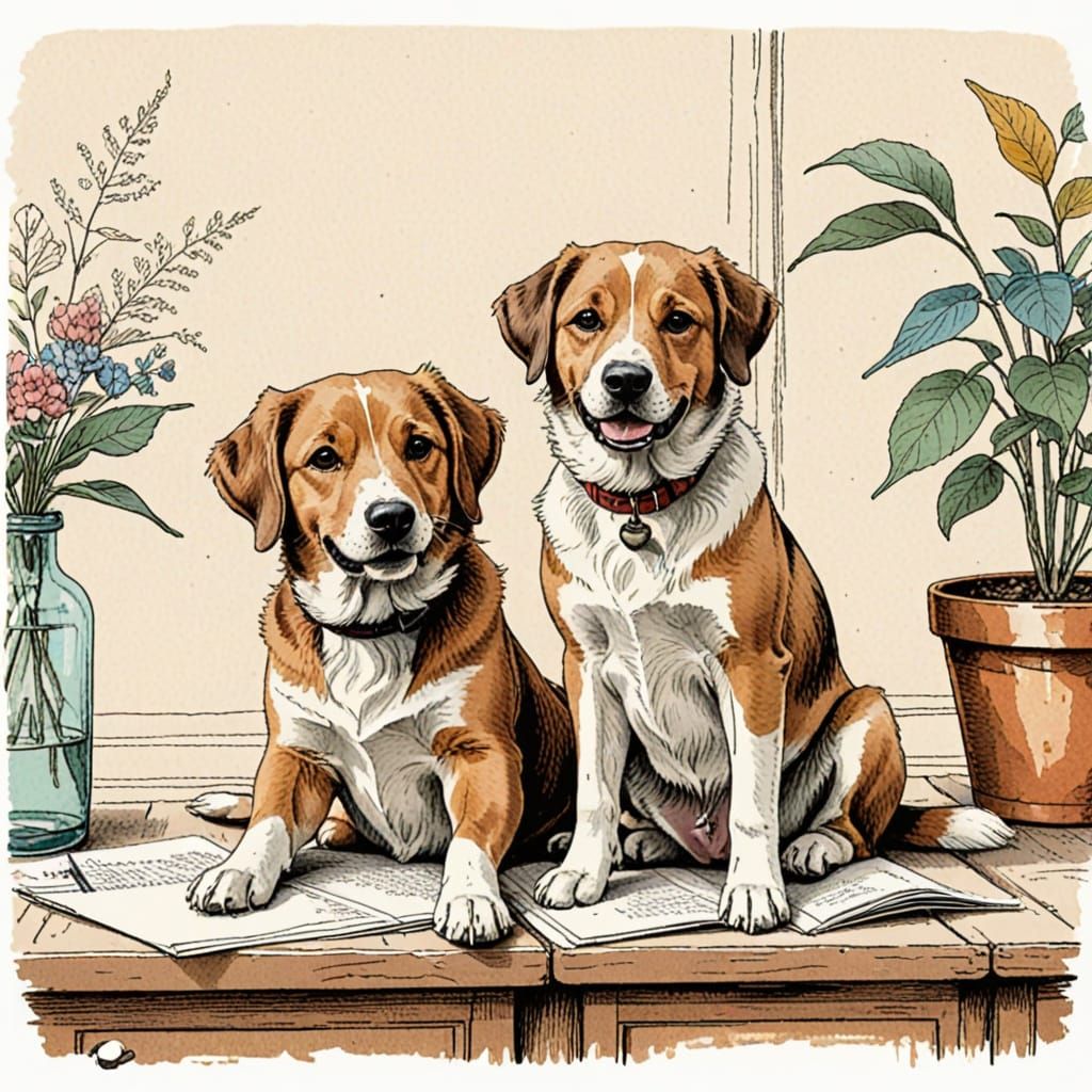 Vintage Ink Drawing of a Happy Dog and Puppy