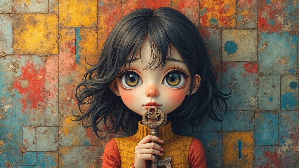 Surreal Anime Girl with Keyholes in Abstract Expressionism