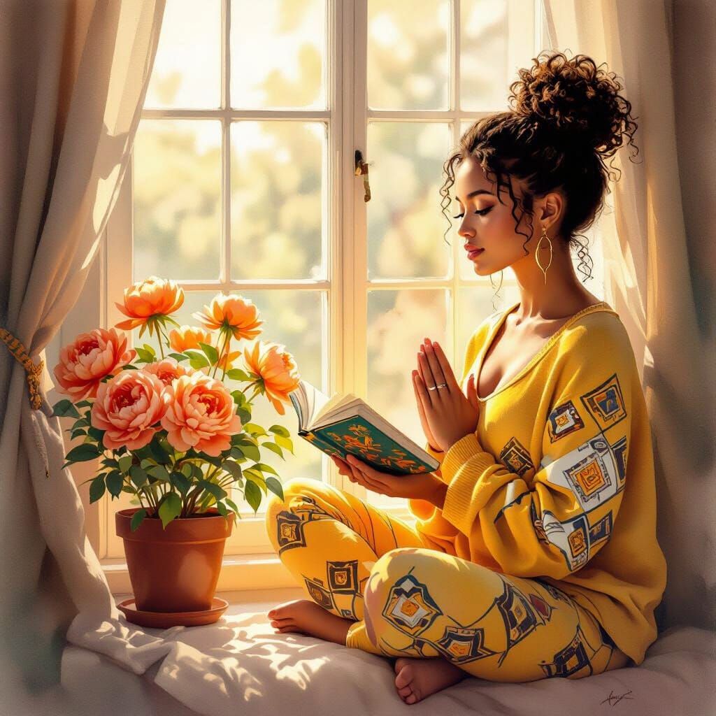 Watercolor Painting of Beautiful Woman in Yoga Outfit