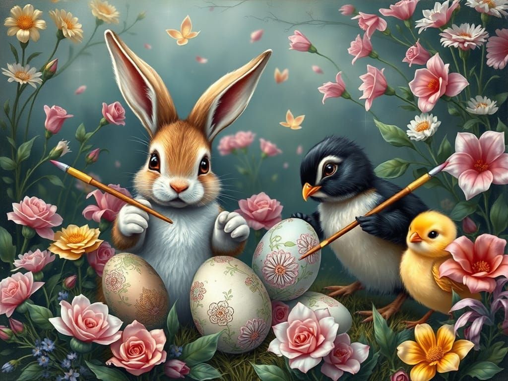 Whimsical Easter Scene with Bunnies and Chicks