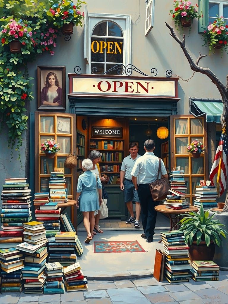 Quaint Bookstore Scene in Vibrant Neo-Impressionist Style