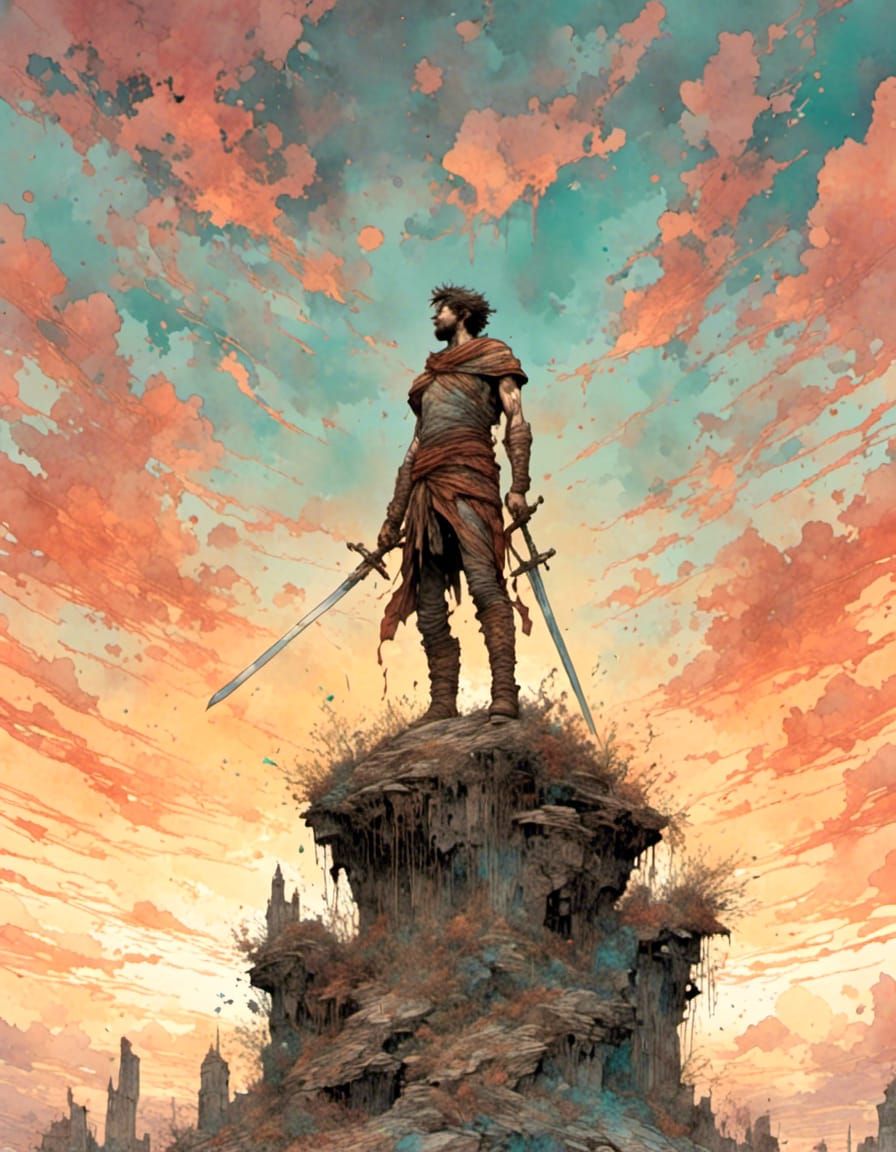 Man Gazing at Sword in Sky at Sunset