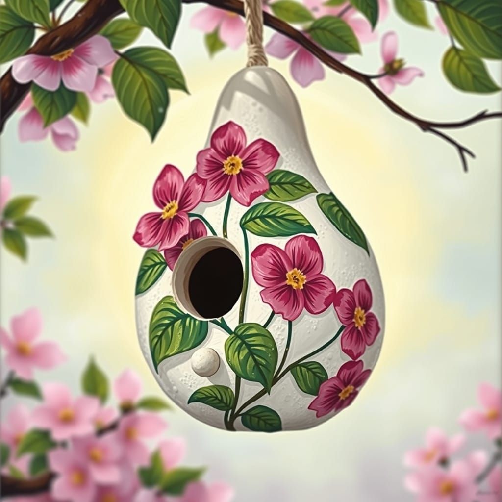 Whimsical Birdhouse Gourd in Impasto Style