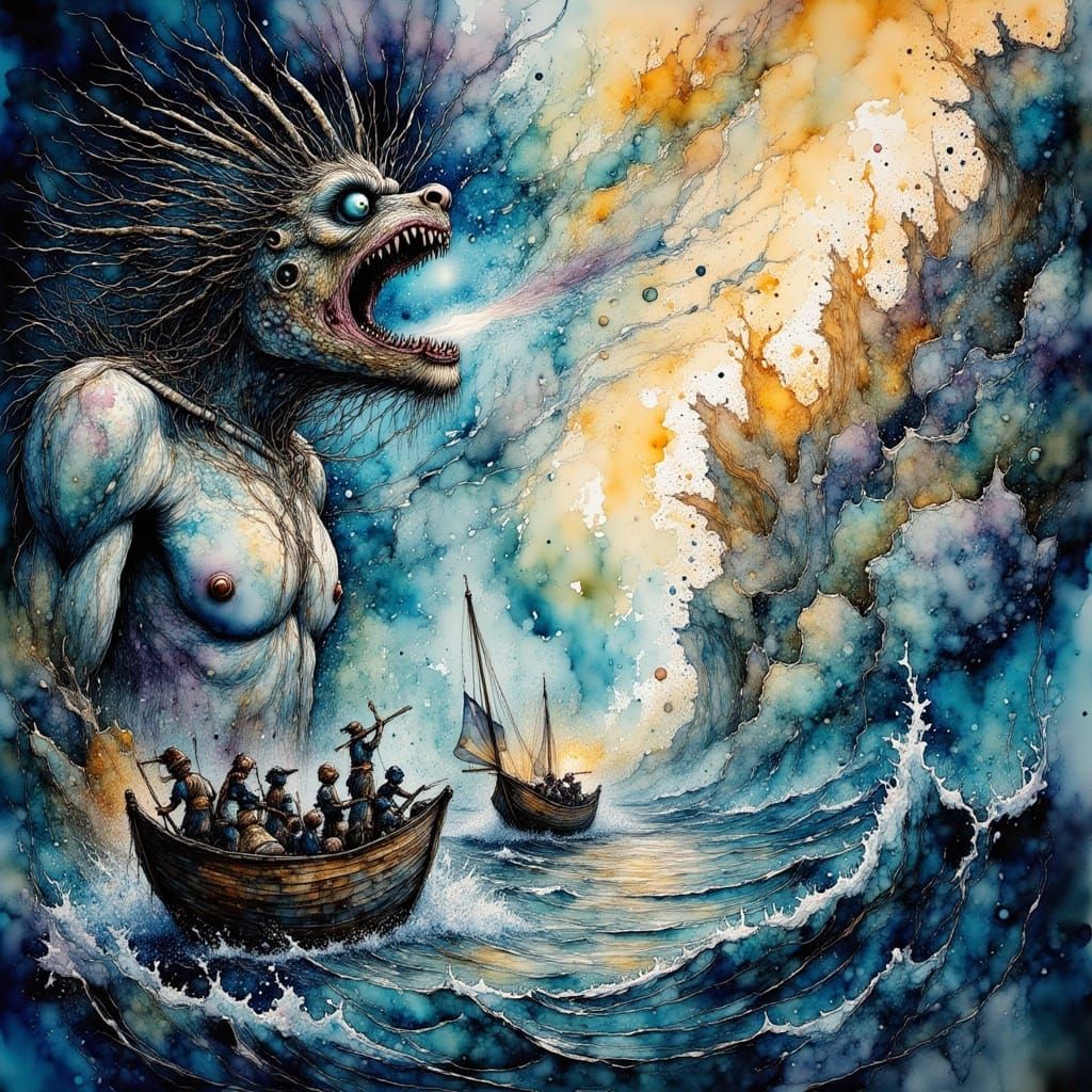Stormy Sea with Aeolus in Watercolor Gouache Style