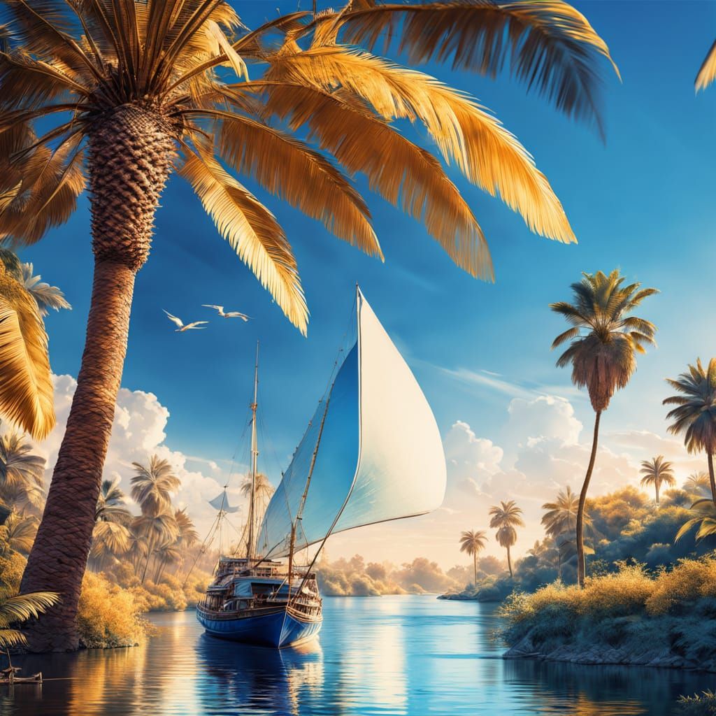 Egyptian Solar God Ra Steers Majestic Barque Across the Nile