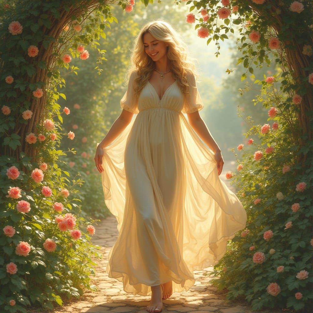 Rainbow Dress in Flower Garden, Art Nouveau Style