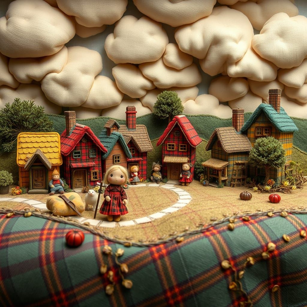 Vibrant Plaid Village in Folk-Art Style