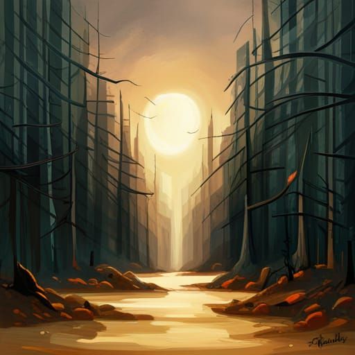 Sinister Spooky Forest with Orange Sky