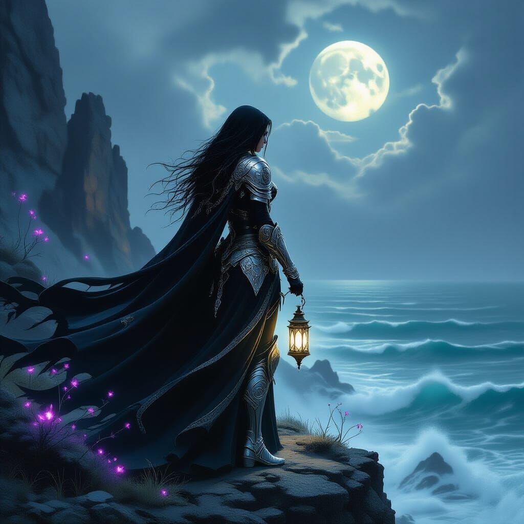 Gothic Warrior Woman Overlooking Alien Sea