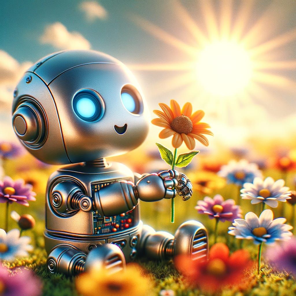 Cute Robot Picking a Flower in a Vibrant Field