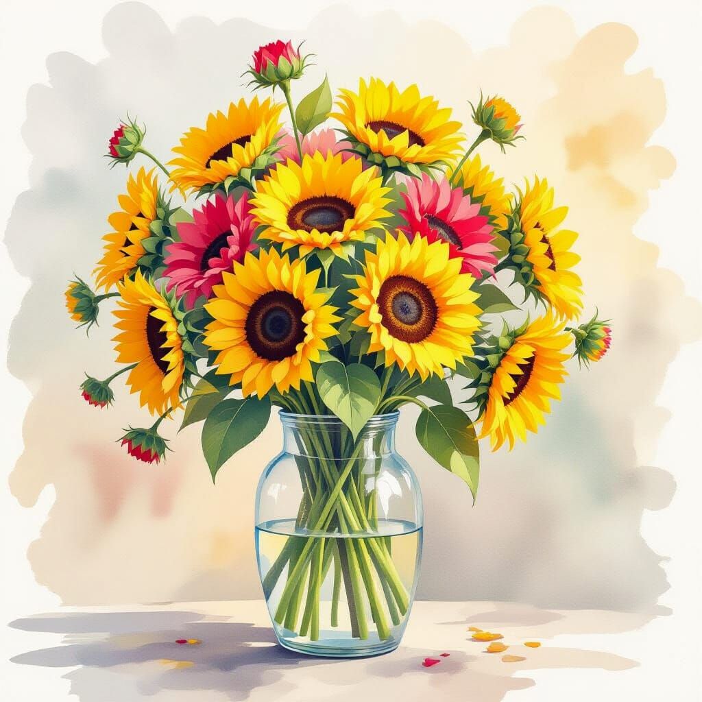 Vase of Sunflowers in Watercolor with Abstract Elements