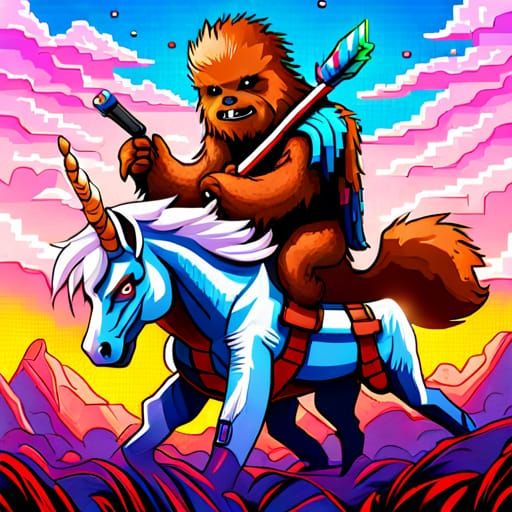 Chewbacca Rides Unicorn in Pixel Graffiti Art