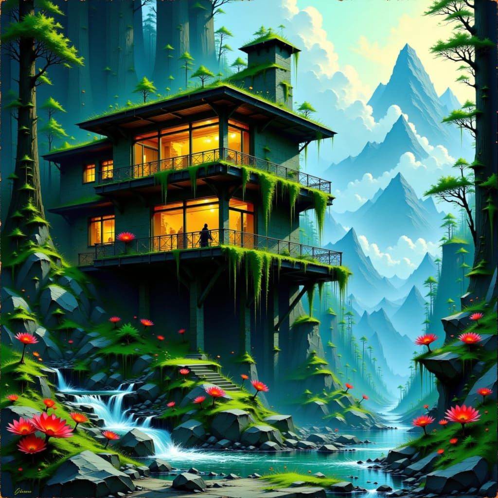 Fantasy Roost on Munin Mountain with Glowing Flowers