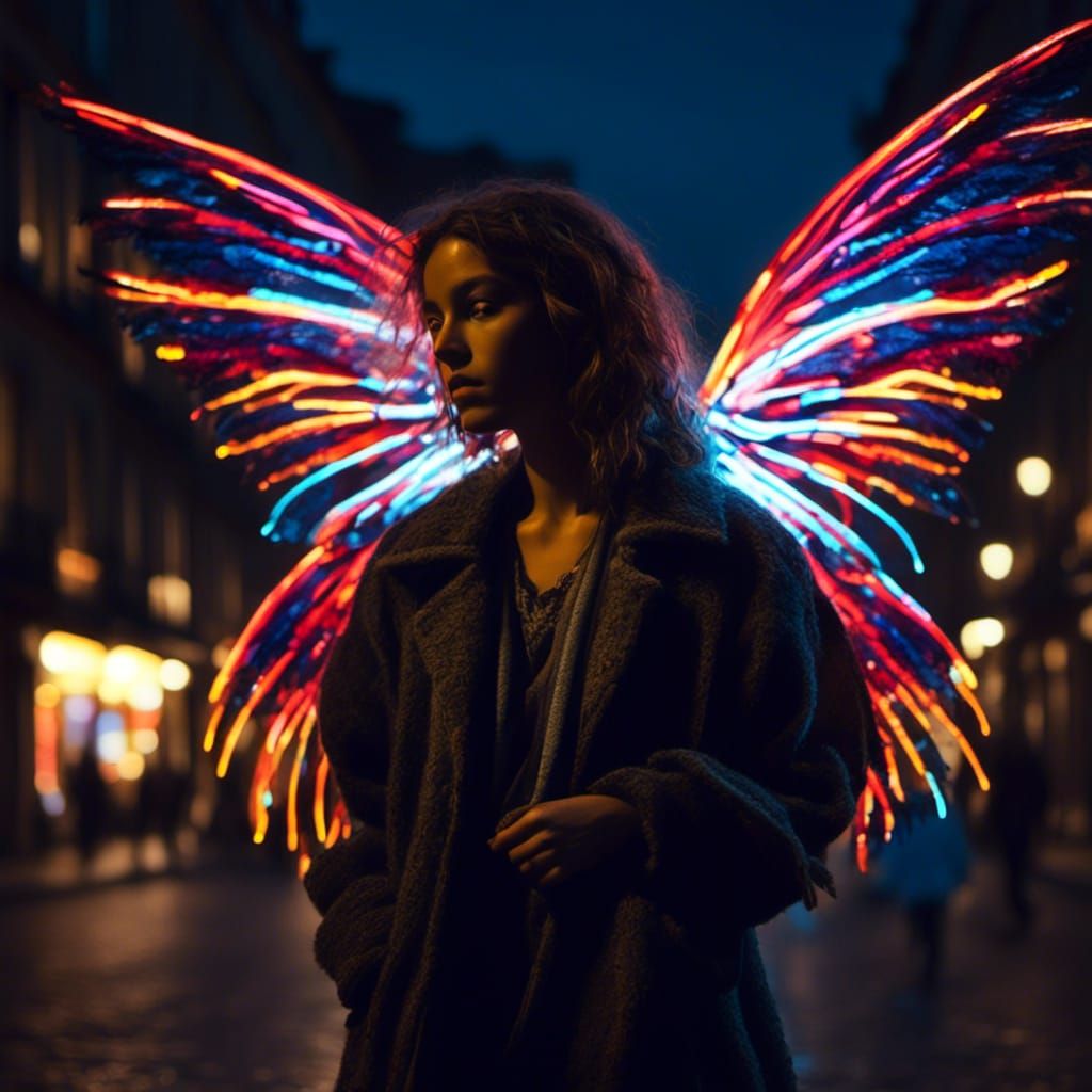 Woman with Neon Wings in Paris, Hyperrealistic