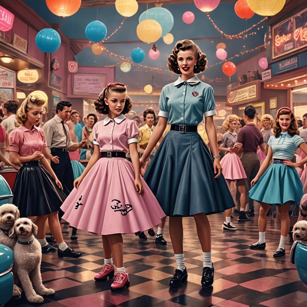 Girls in poodle skirts, bobby sox and saddle shoes at the so...