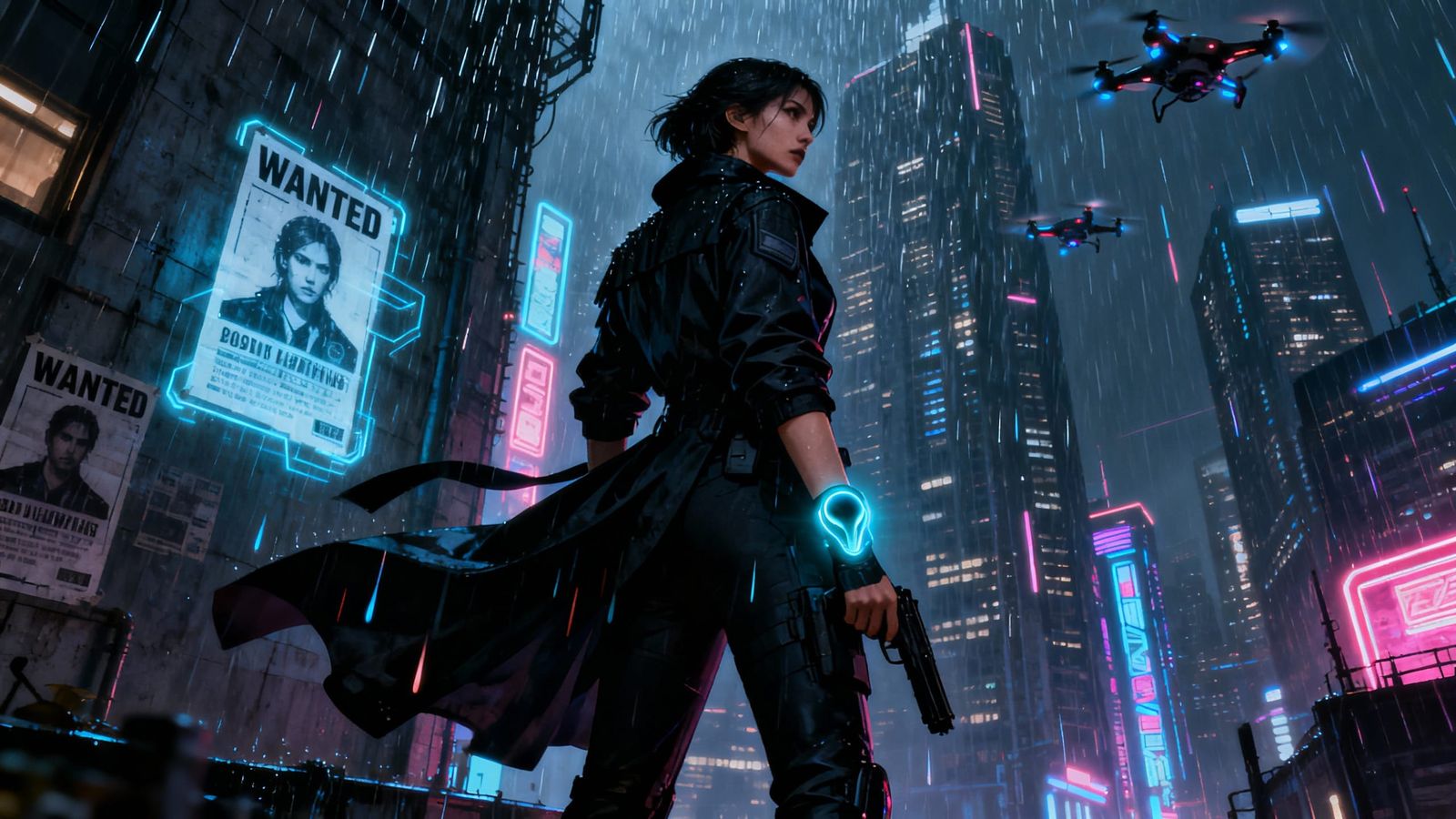 Cyberpunk Agent Patrols Neon Megacity