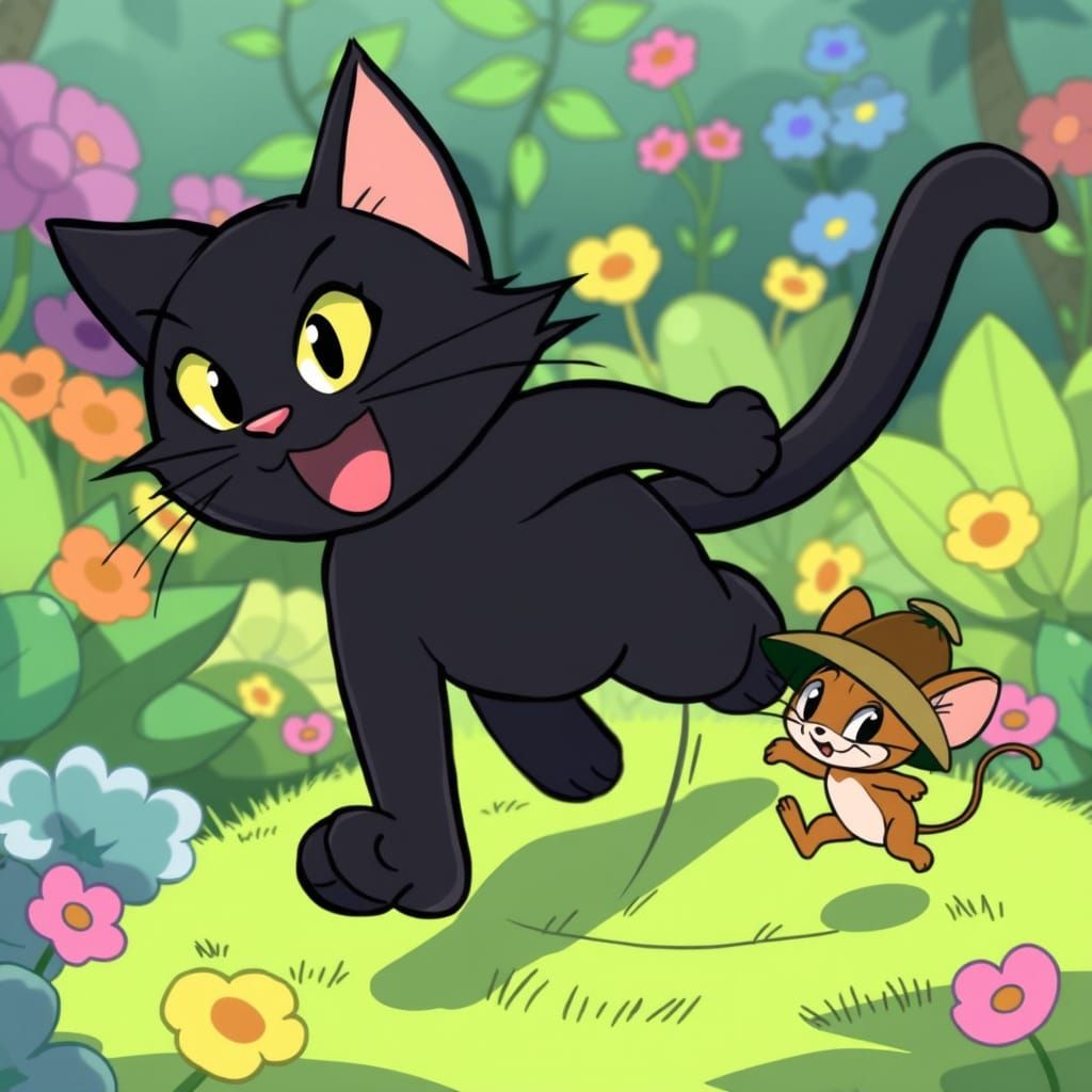 Cat and Mouse Chase in Anime Garden Style