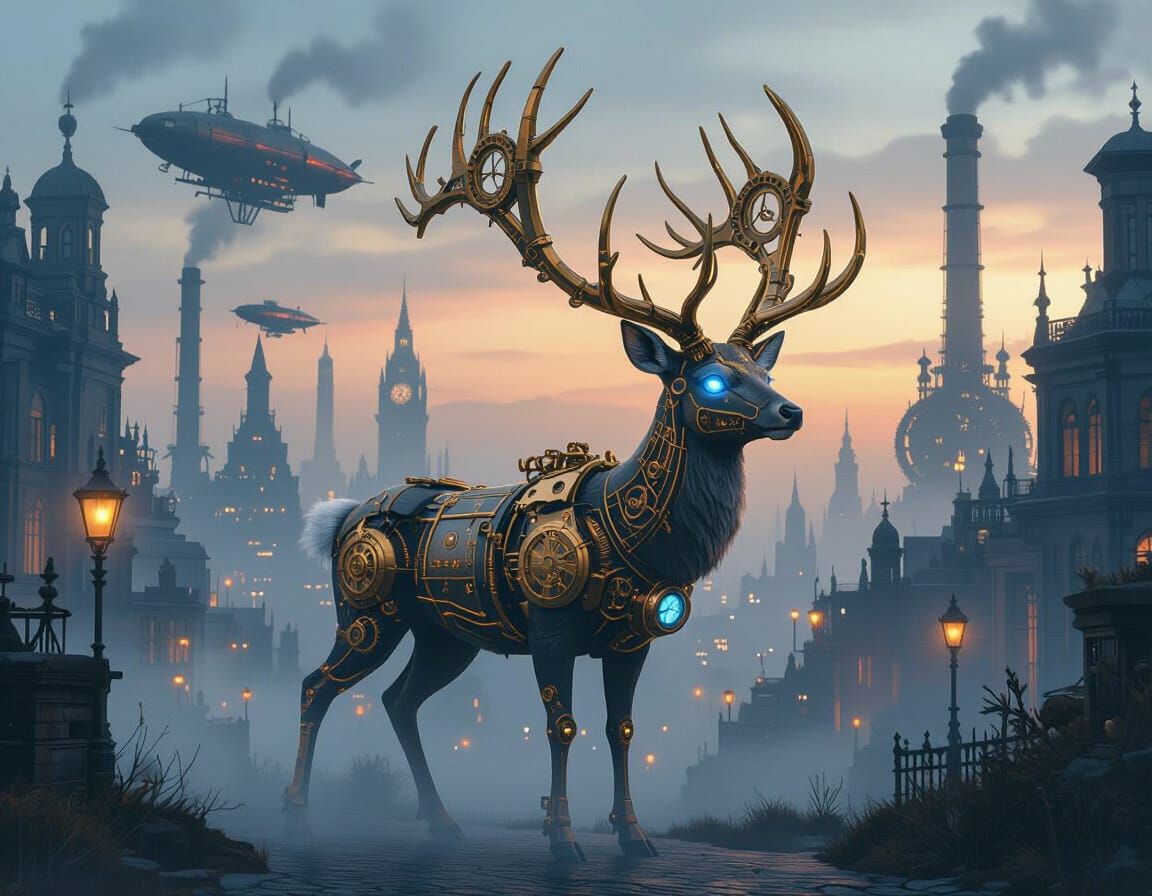 Steampunk Deer in Victorian Cityscape