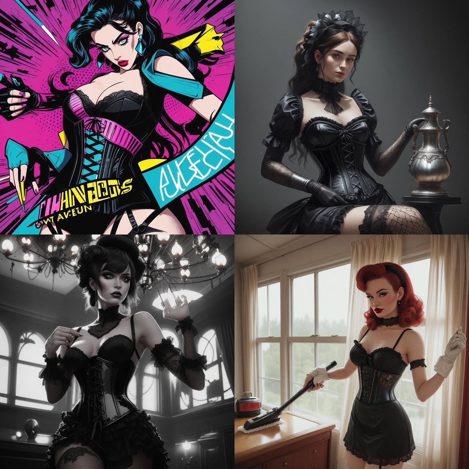 1980s Maid in Black Lace Corset Dress