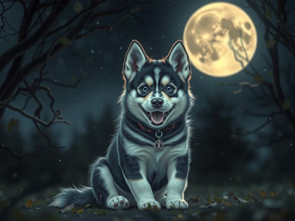 Happy Husky Puppy in Gothic Fairycore Setting