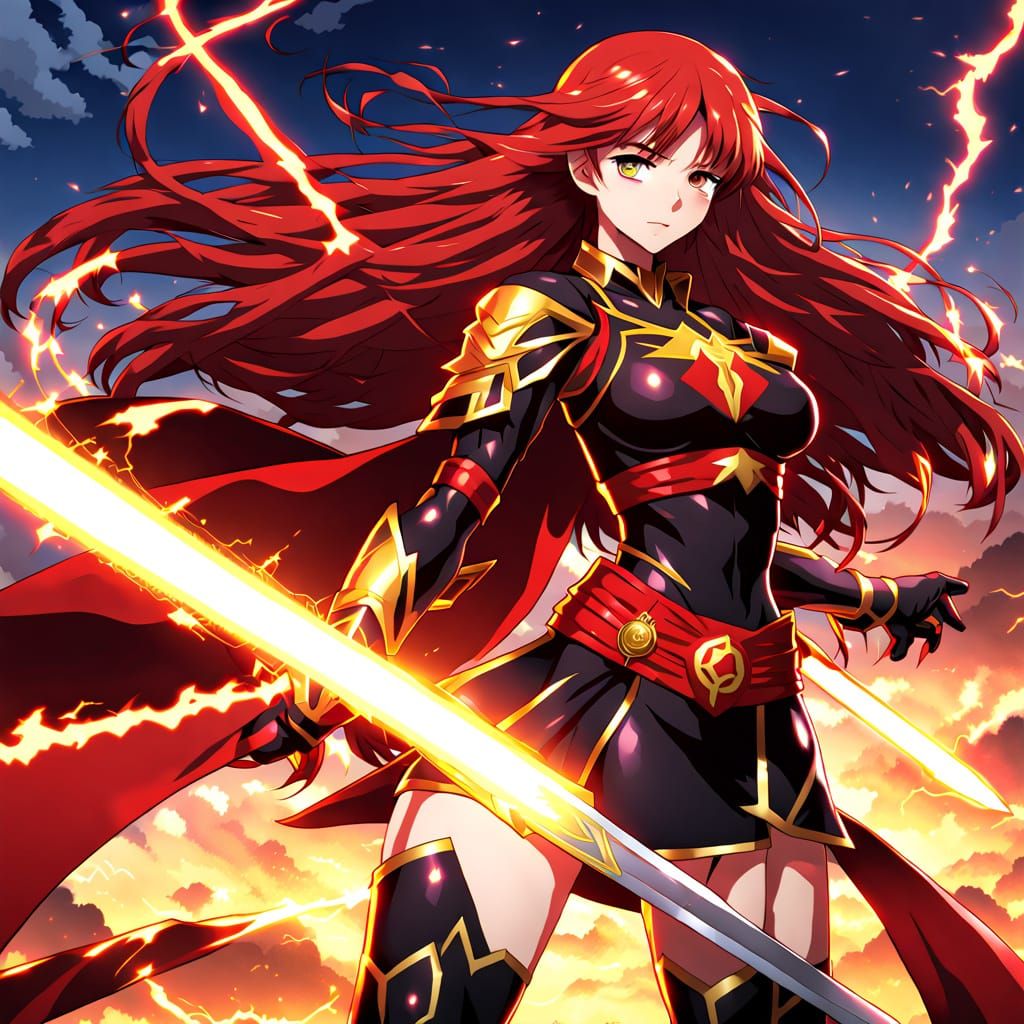 Anime Female Warrior with Red Lightning Sword