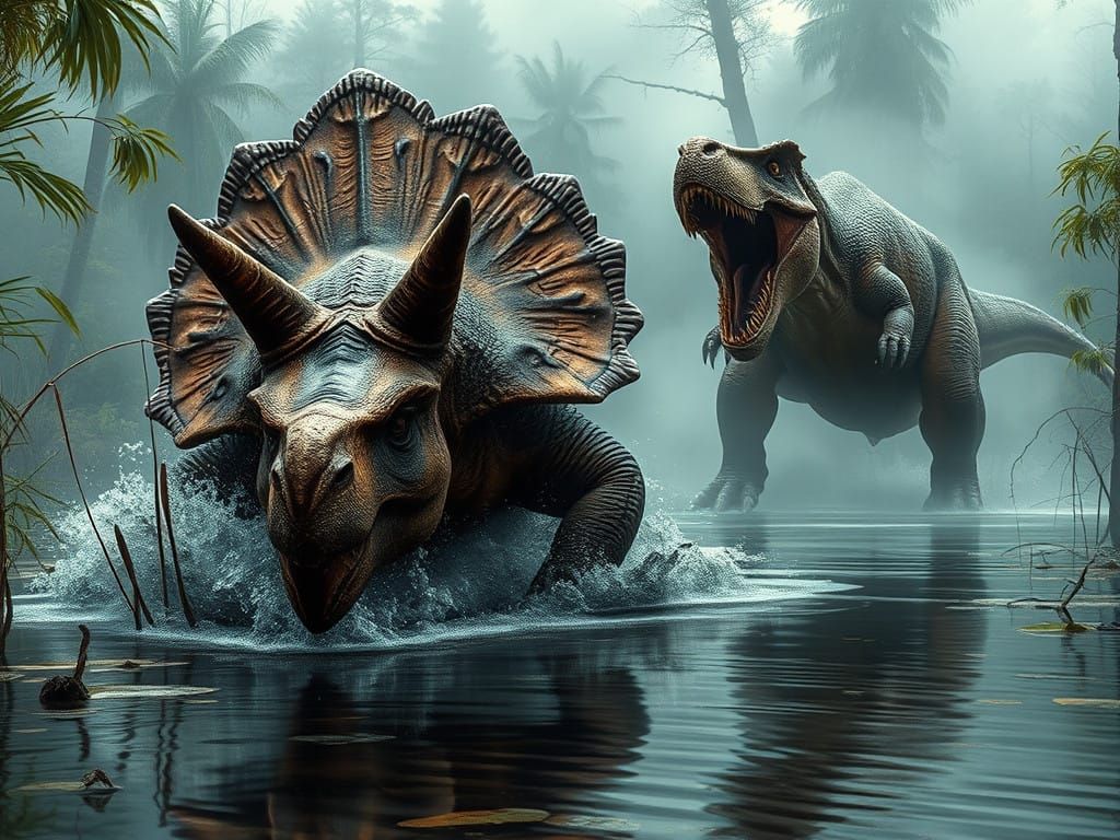 Earth-Toned Dinosaurs Engage in Ancient Swamp Battle