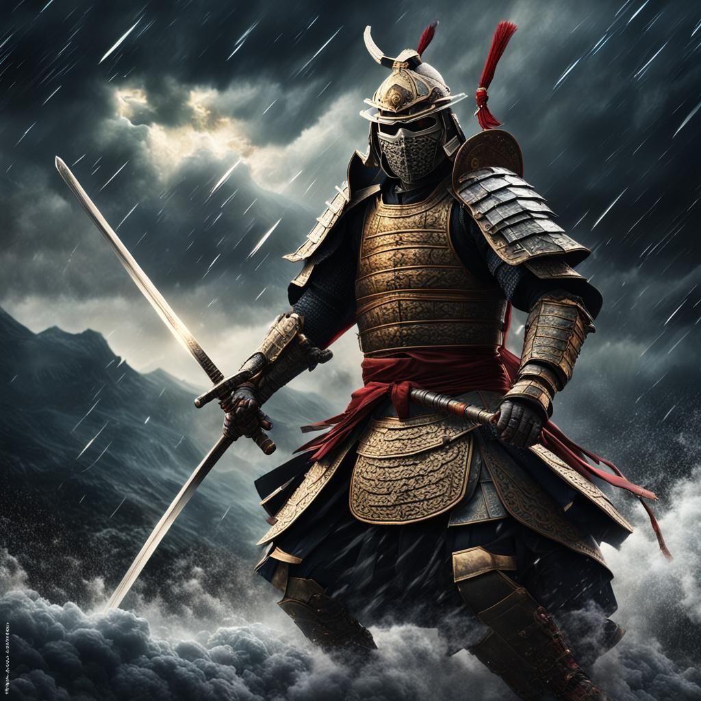 Samurai Rides Storm with Lightning Sword