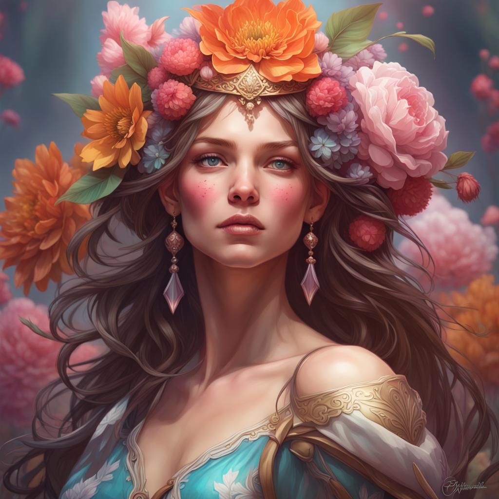 Flower Princess Portrait in Hyperdetailed Digital Art