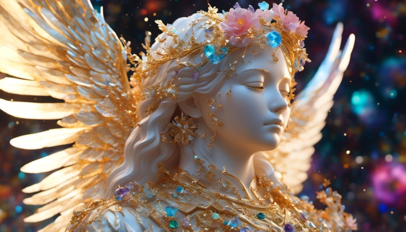 Gemstone Archangel Statue with Galaxy Background in 8k