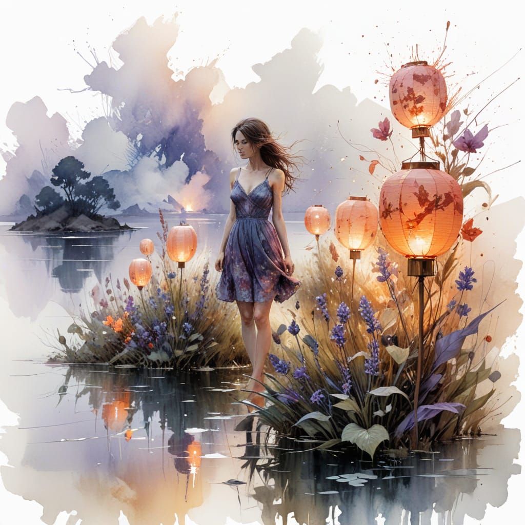 Serene Twilight Garden with Glowing Lanterns on Calm Lake