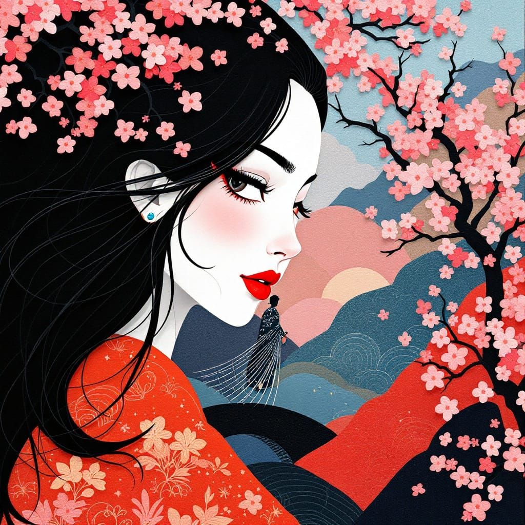 Handcrafted Paper Collage of Mountains and Spring