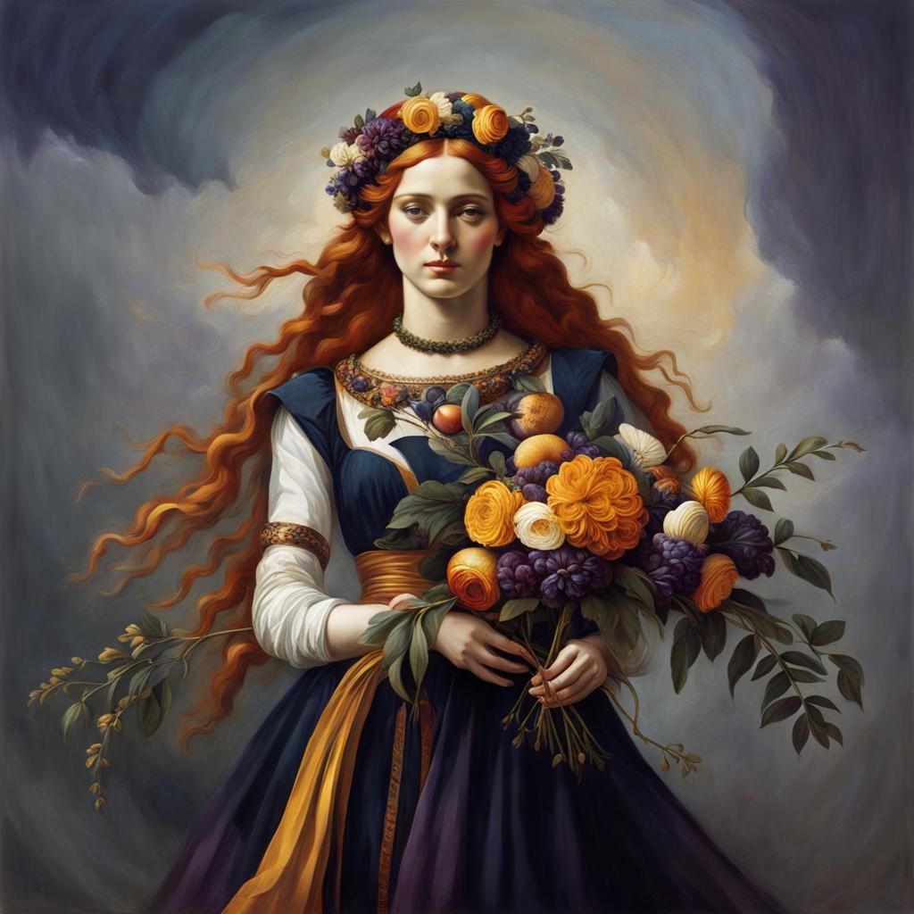 Girl with Flower Crown in Pre-Raphaelite Style