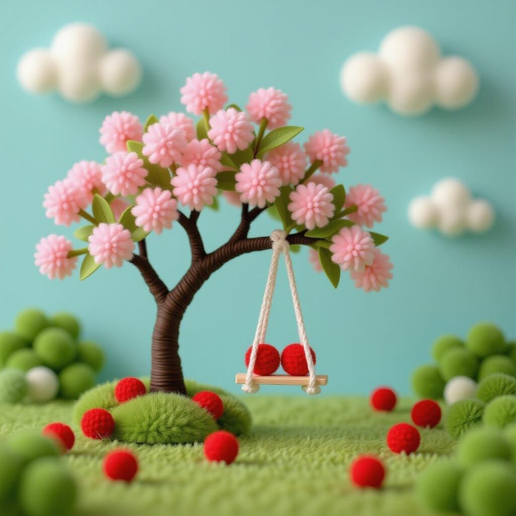 Dreamlike Garden Scene with Pom Pom Cherry Tree