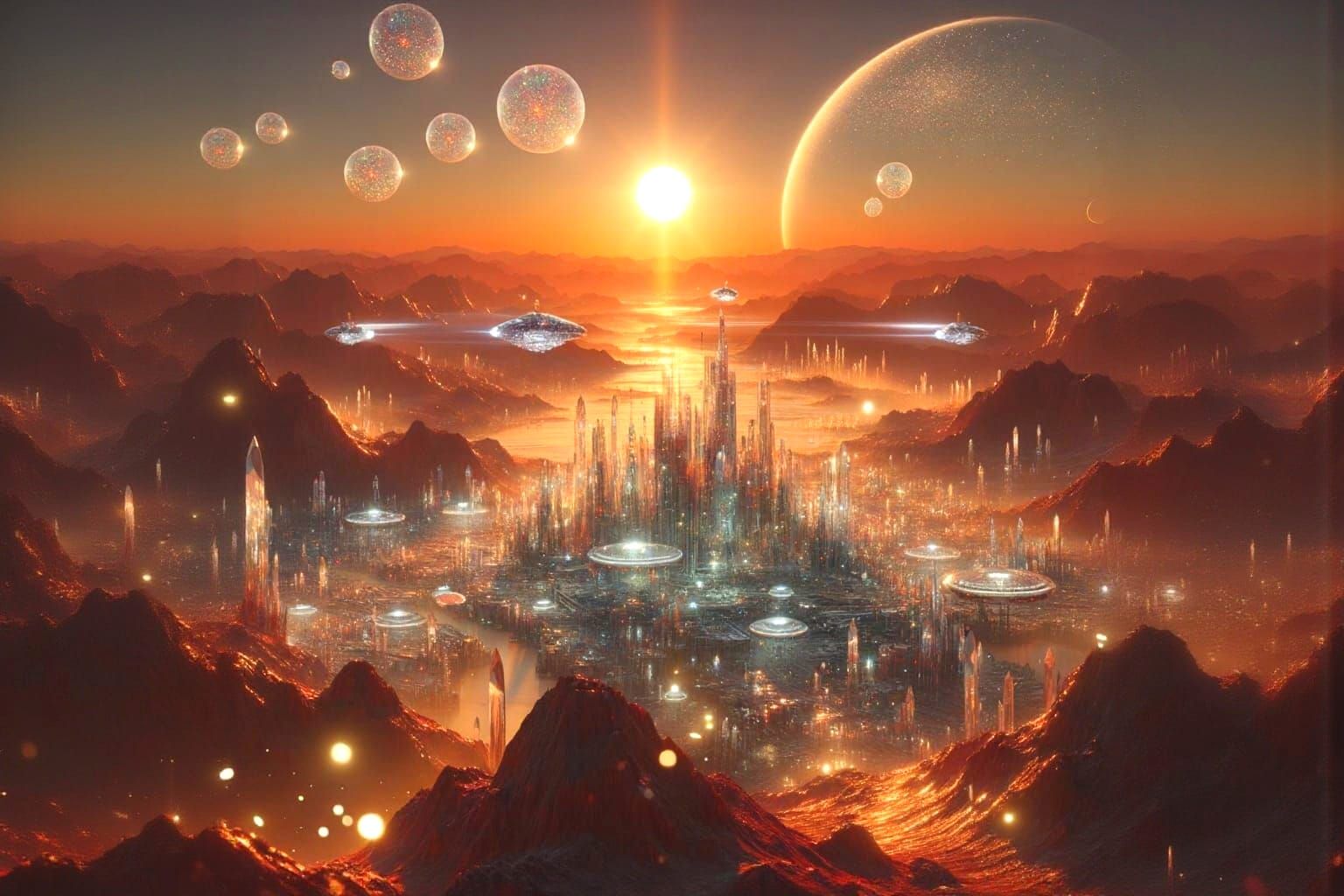 Futuristic Crystal Town on Mars at Sunrise