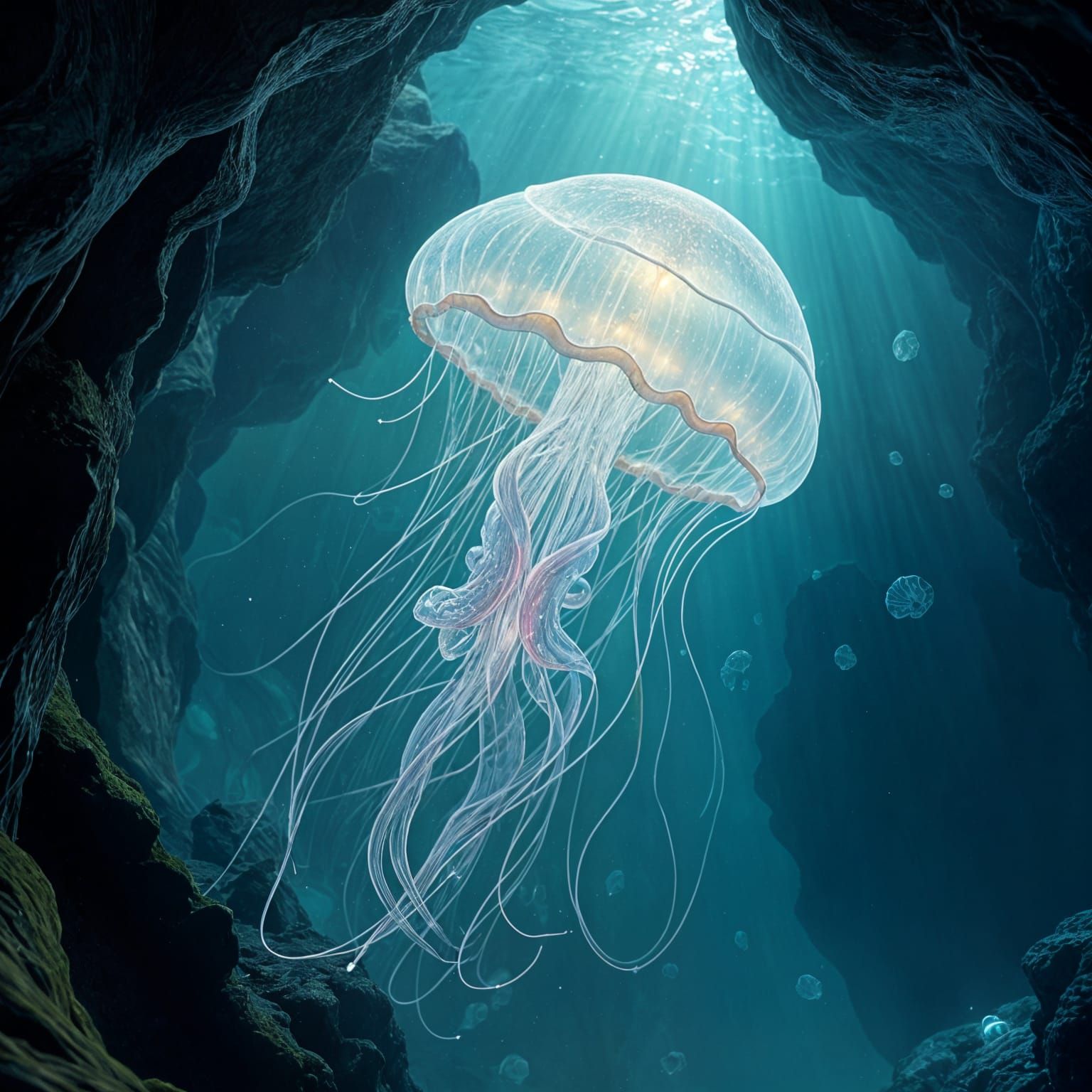Bioluminescent Jellyfish in Underwater Cave, Art Nouveau Sty...